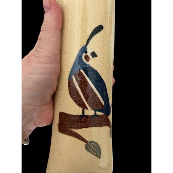 Quail ART POTTERY WALL POCKET FLOWER VASE Bird Southwest 12 x 3.5" Leather Strap - Picture 11 of 12